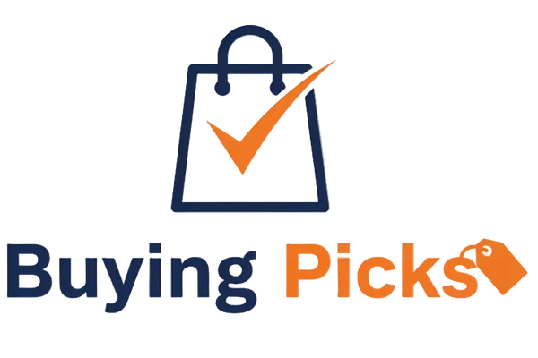 A logo-style graphic on a white background showing a dark blue shopping bag with an orange checkmark above the words 'Buying Picks' in dark blue and orange, with a small orange shopping tag icon at the end.
